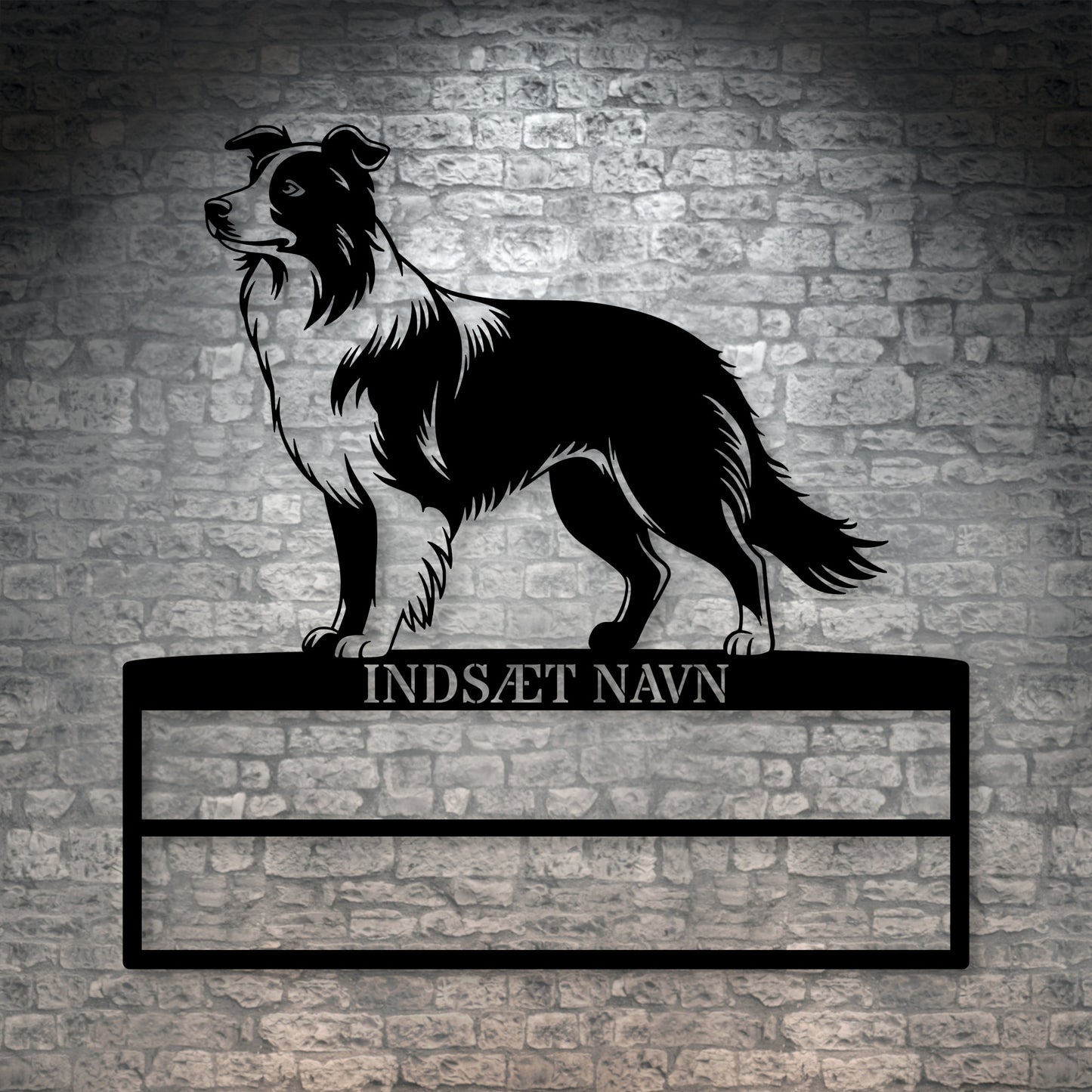 Stort laserskåret Border Collie metalskilt med personlig navn til rosetter. Unik gaveide til hundeejeren