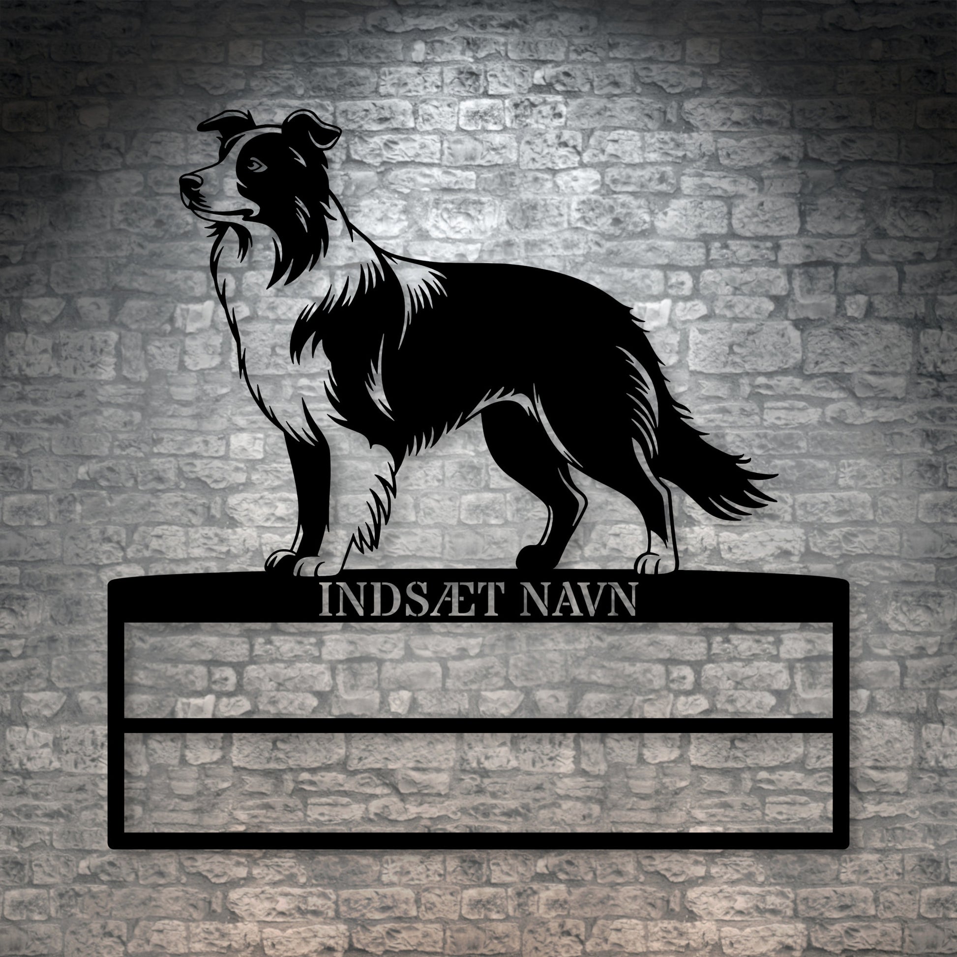 Stort laserskåret Border Collie metalskilt med personlig navn til rosetter. Unik gaveide til hundeejeren