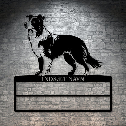 Stort laserskåret Border Collie metalskilt med personlig navn til rosetter. Unik gaveide til hundeejeren