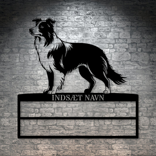 Stort laserskåret Border Collie metalskilt med personlig navn til rosetter. Unik gaveide til hundeejeren