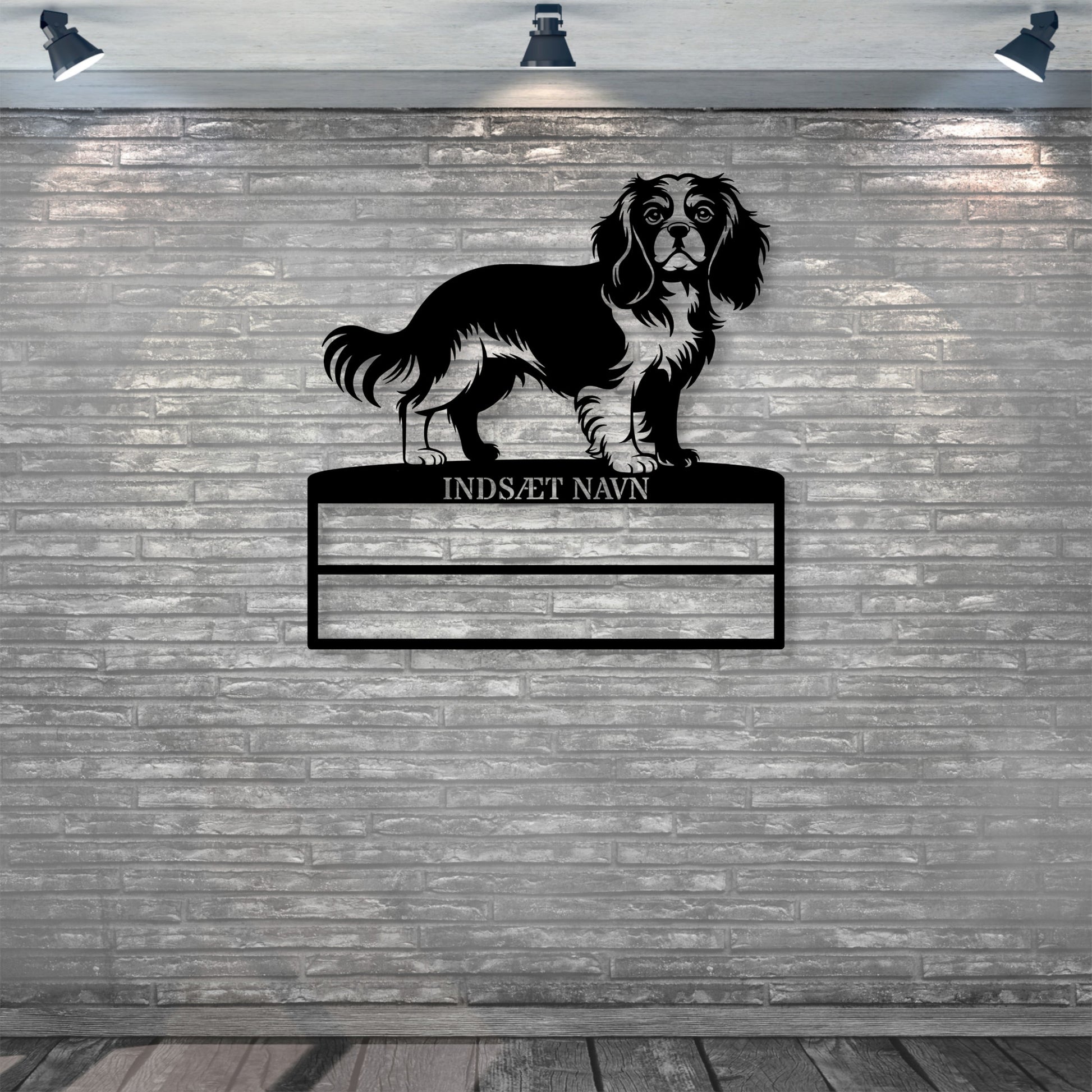Stort laserskåret Cavalier King metalskilt med personlig navn til rosetter. Unik Gaveide til hundeejer..