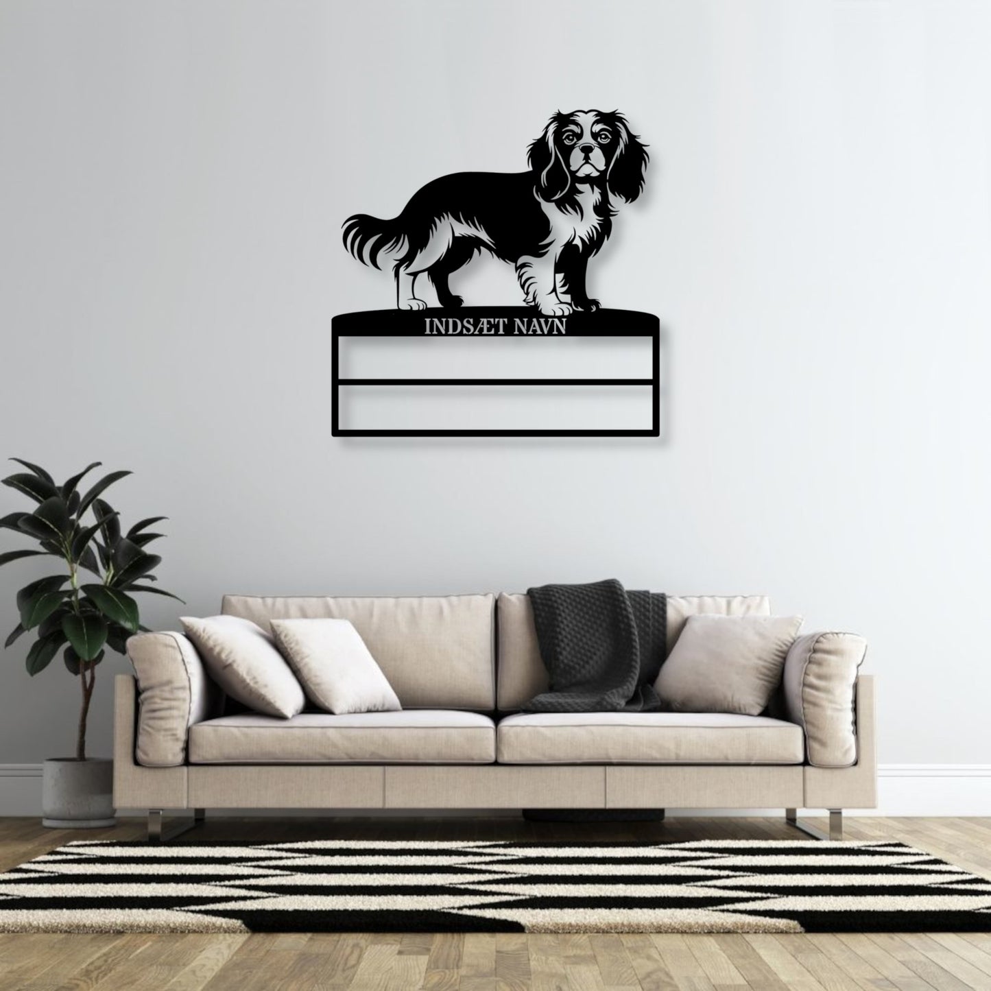 Stort laserskåret Cavalier King metalskilt med personlig navn til rosetter. Unik Gaveide til hundeejer.