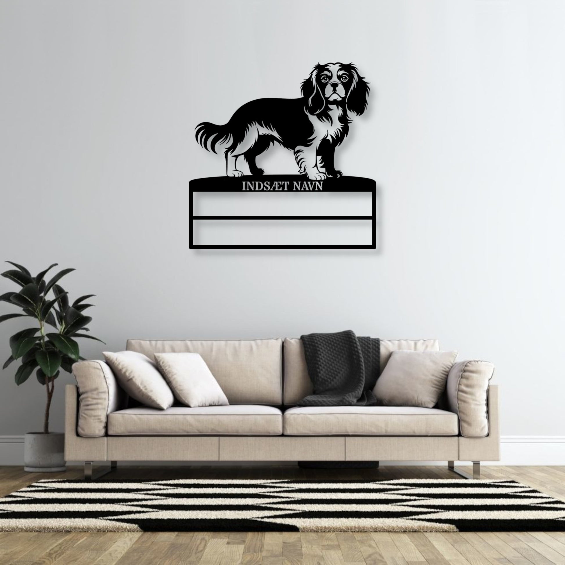 Stort laserskåret Cavalier King metalskilt med personlig navn til rosetter. Unik Gaveide til hundeejer.