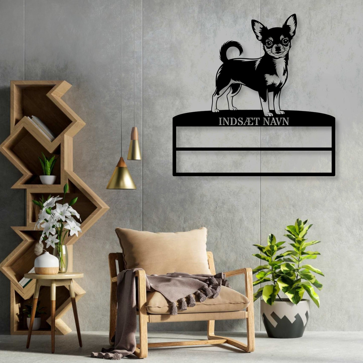 Stort laserskåret Chihuahua metalskilt med personlig navn til rosetter. Unik Gaveide til hundeejeren....