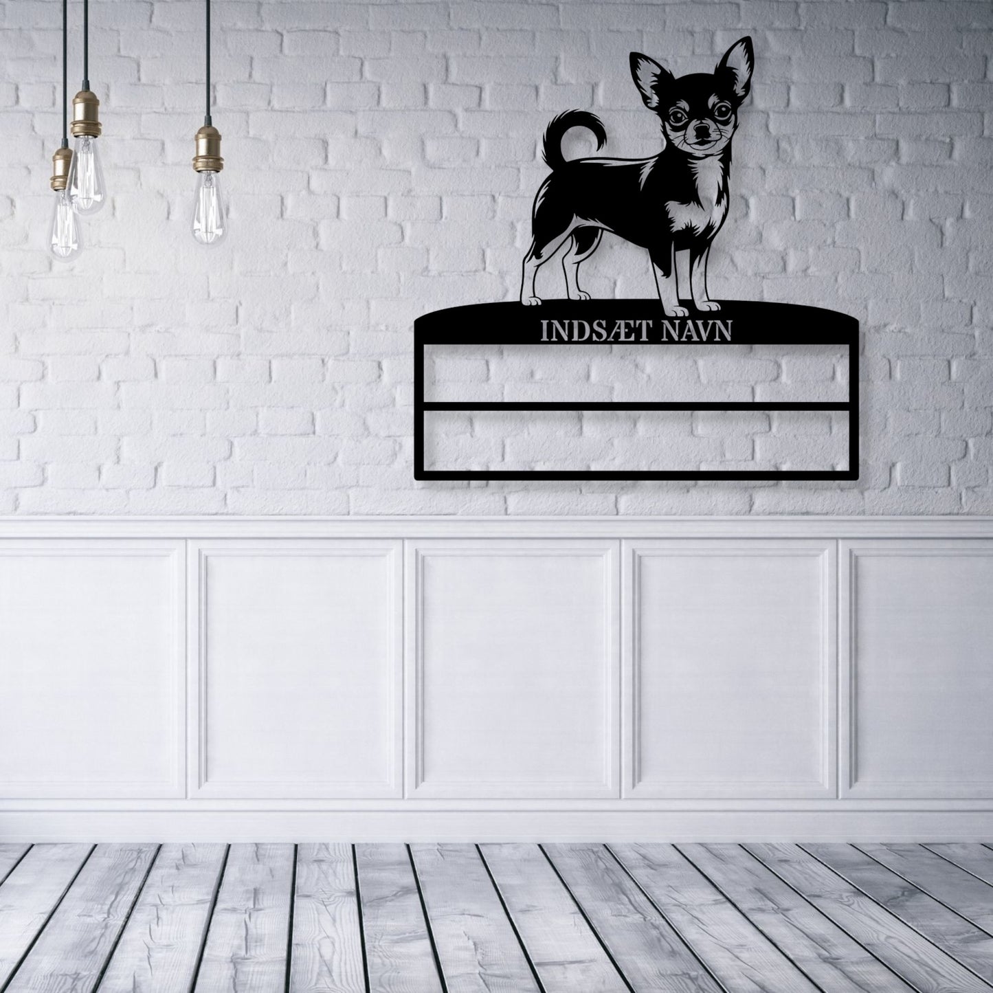 Stort laserskåret Chihuahua metalskilt med personlig navn til rosetter. Unik Gaveide til hundeejeren...