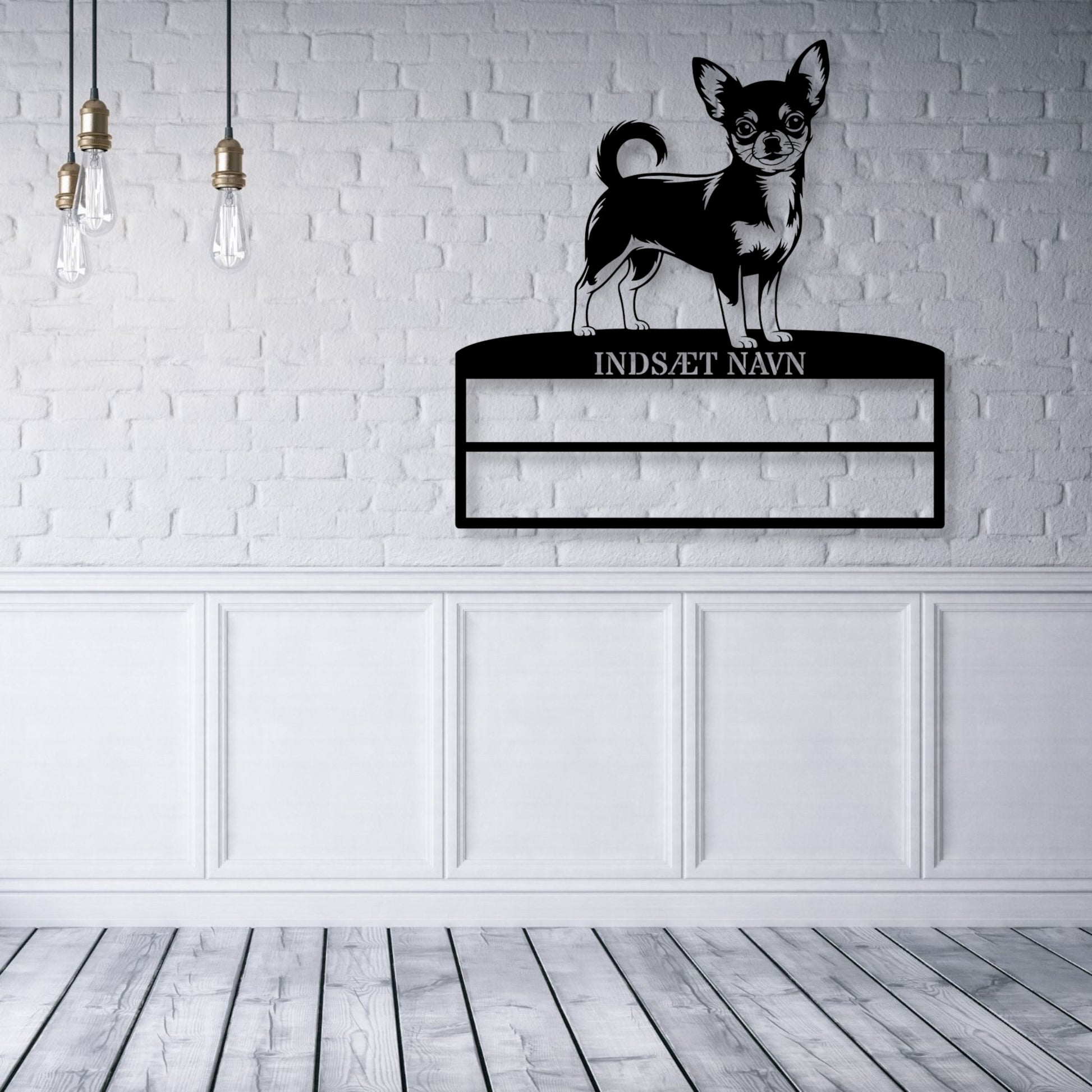 Stort laserskåret Chihuahua metalskilt med personlig navn til rosetter. Unik Gaveide til hundeejeren...