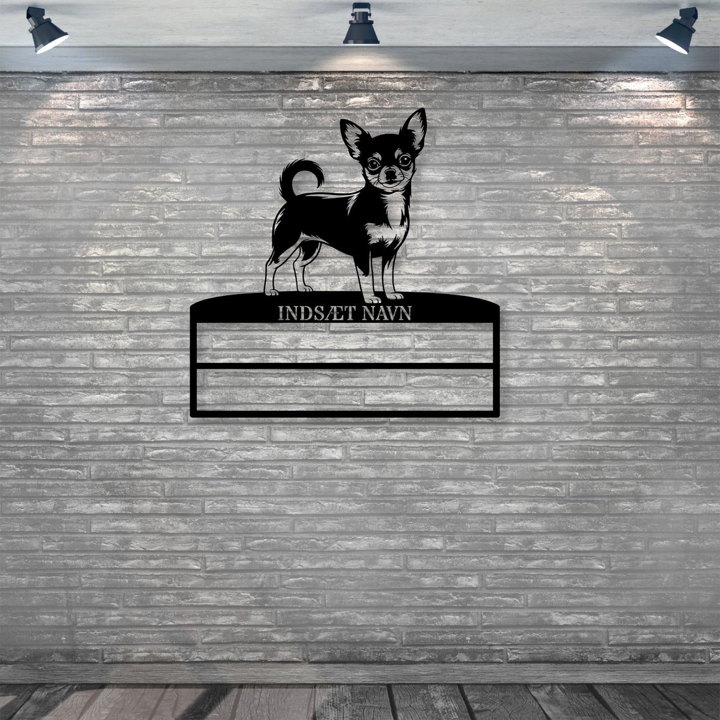 Stort laserskåret Chihuahua metalskilt med personlig navn til rosetter. Unik Gaveide til hundeejeren..