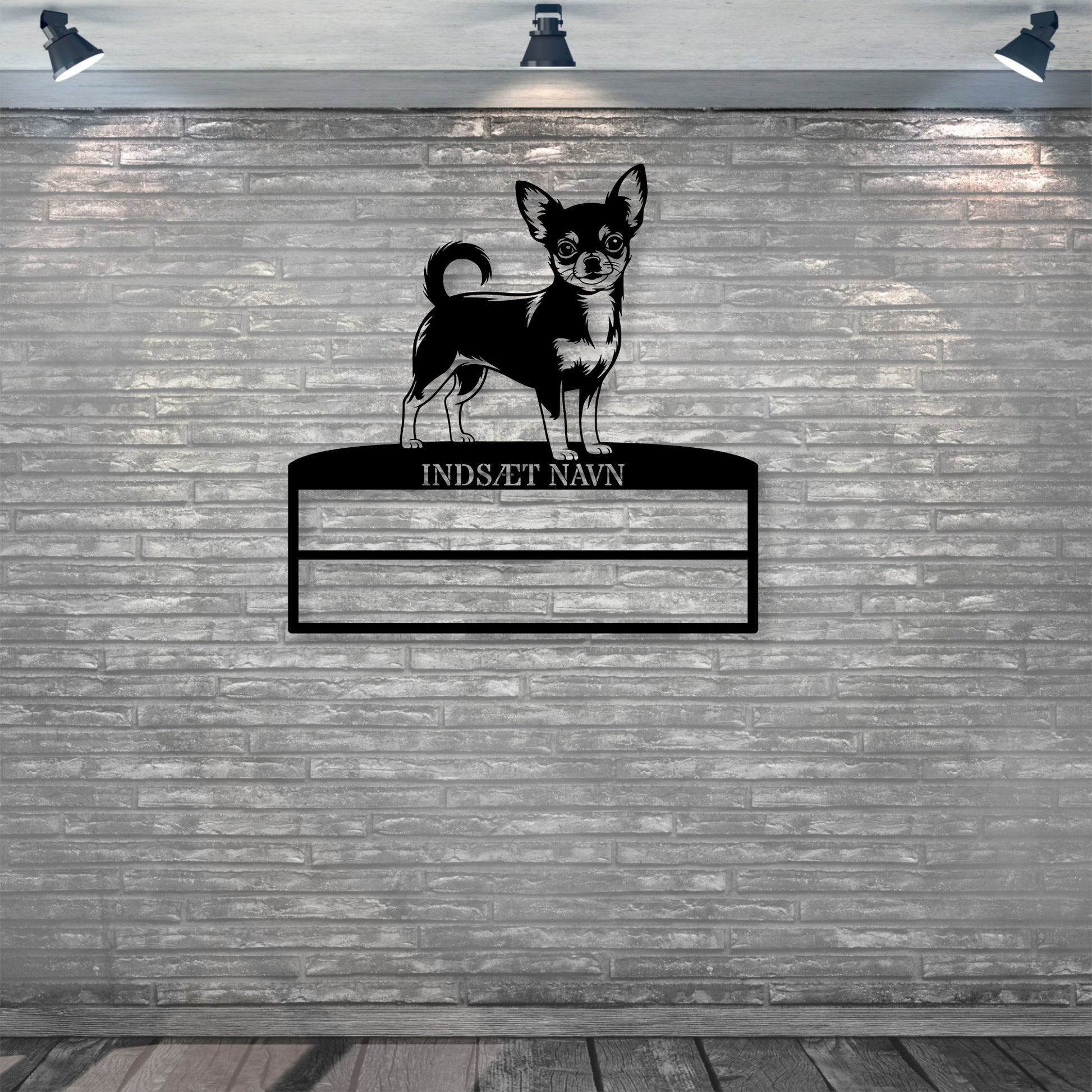 Stort laserskåret Chihuahua metalskilt med personlig navn til rosetter. Unik Gaveide til hundeejeren..