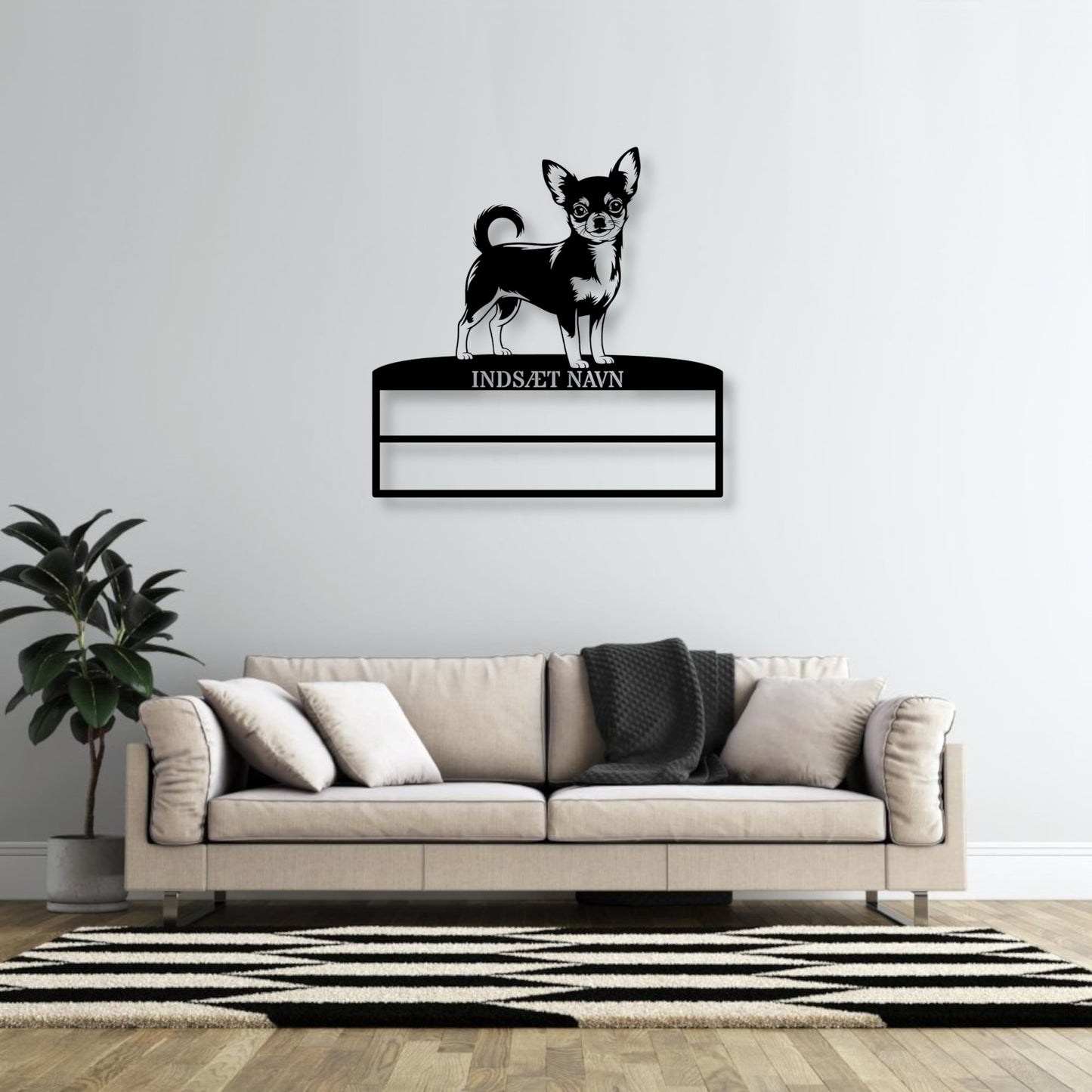 Stort laserskåret Chihuahua metalskilt med personlig navn til rosetter. Unik Gaveide til hundeejeren.