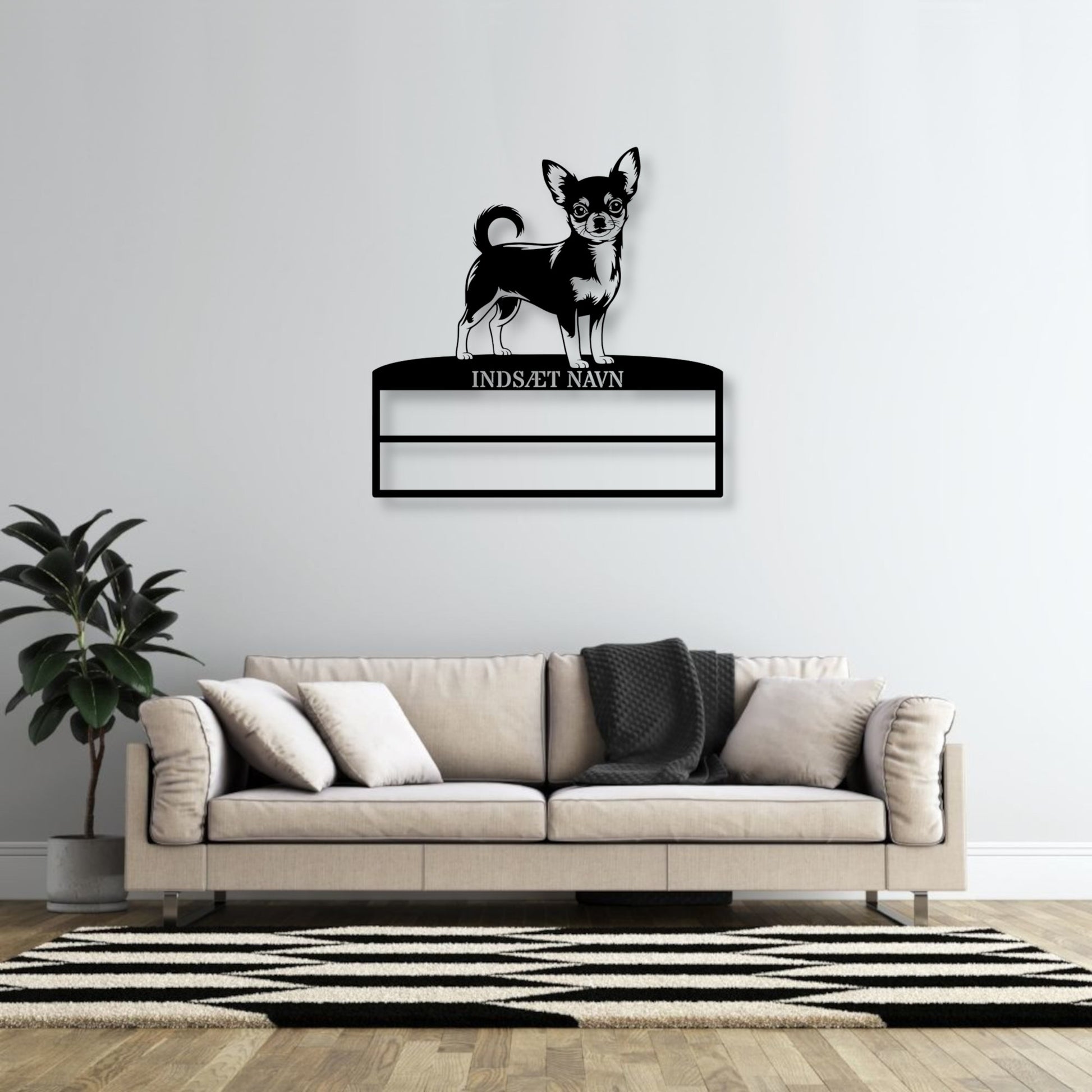 Stort laserskåret Chihuahua metalskilt med personlig navn til rosetter. Unik Gaveide til hundeejeren.