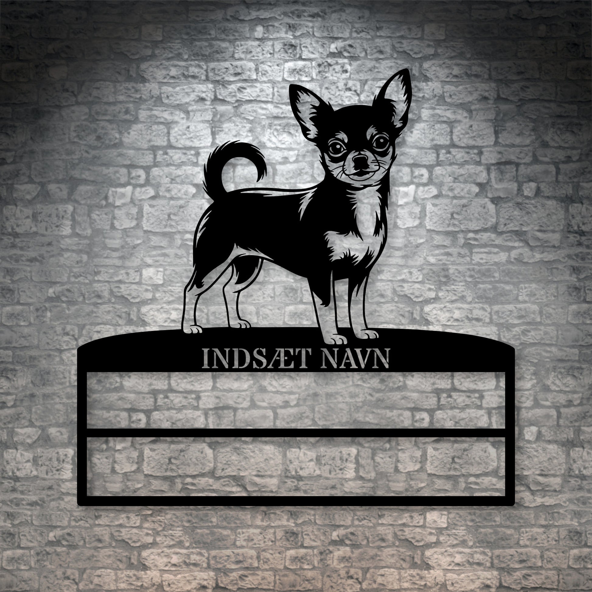 Stort laserskåret Chihuahua metalskilt med personlig navn til rosetter. Unik Gaveide til hundeejeren