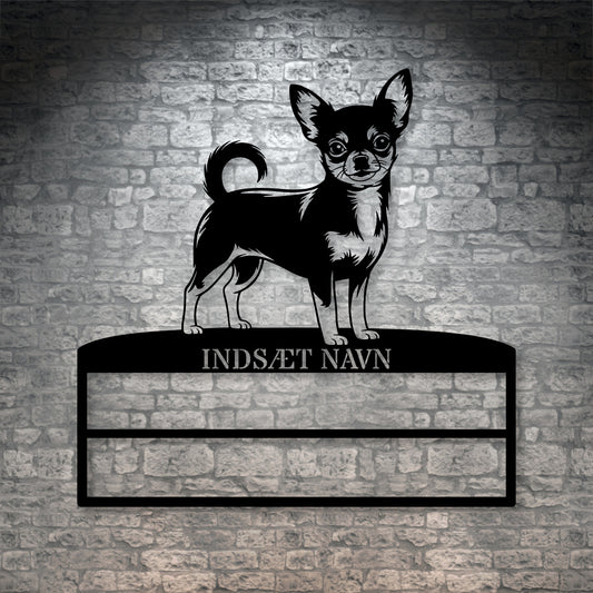 Stort laserskåret Chihuahua metalskilt med personlig navn til rosetter. Unik Gaveide til hundeejeren
