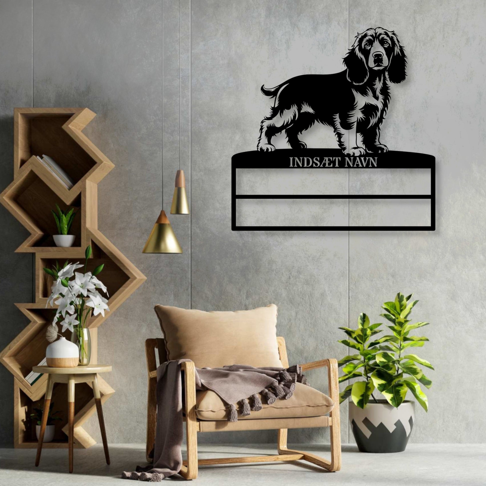 Stort laserskåret Cocker Spaniel metalskilt med personlig navn til rosetter. Unik Gaveide til hundeejeren....