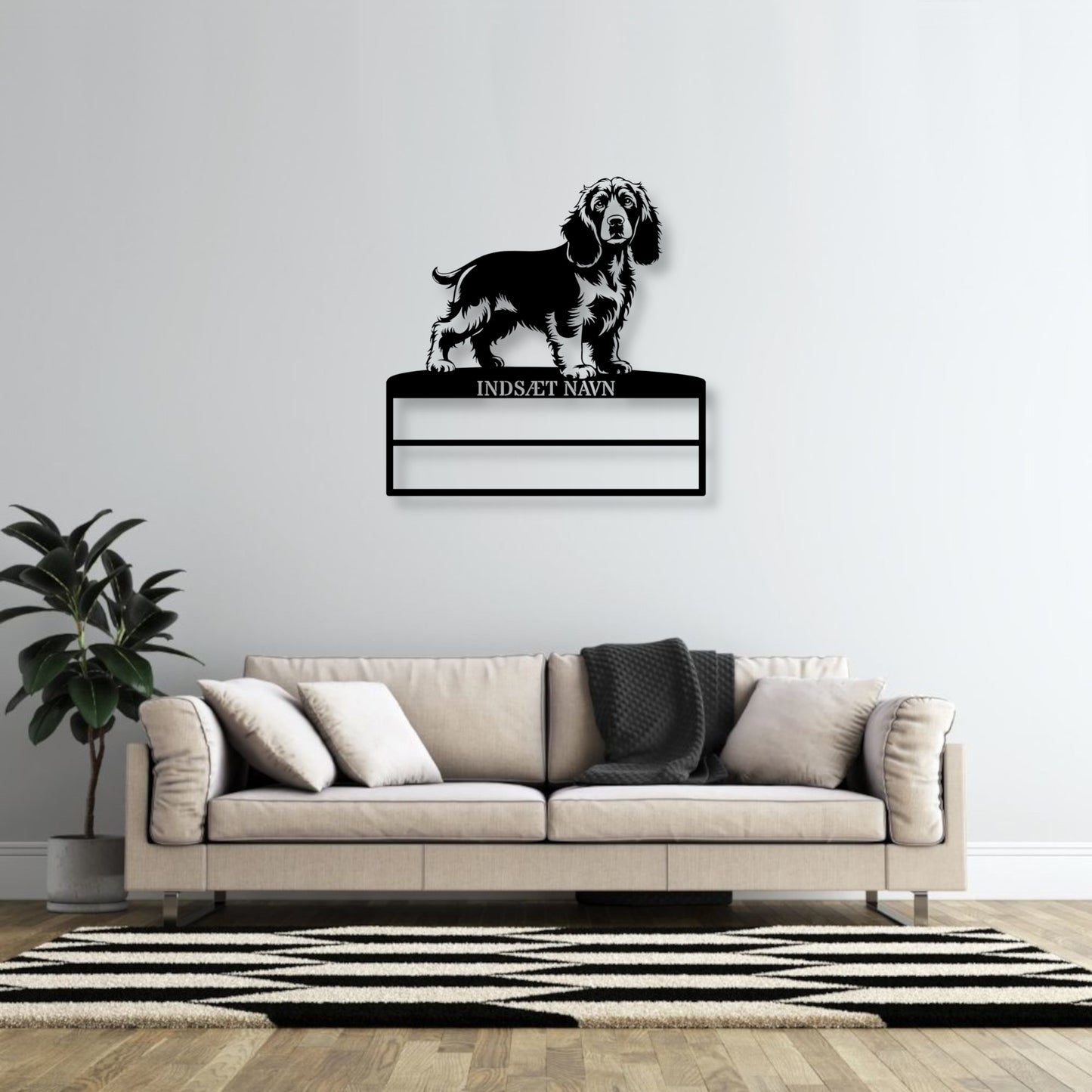 Stort laserskåret Cocker Spaniel metalskilt med personlig navn til rosetter. Unik Gaveide til hundeejeren..