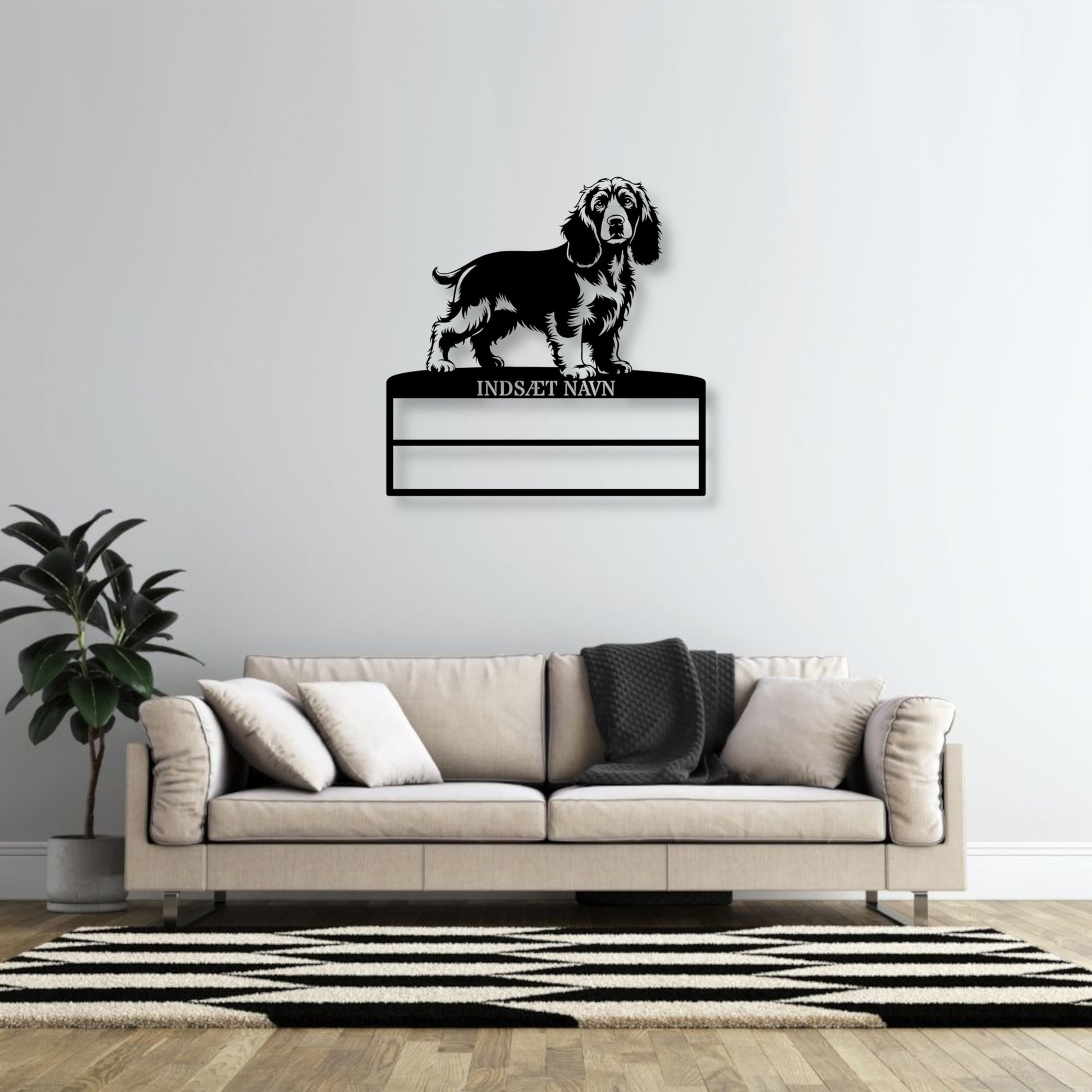 Stort laserskåret Cocker Spaniel metalskilt med personlig navn til rosetter. Unik Gaveide til hundeejeren..