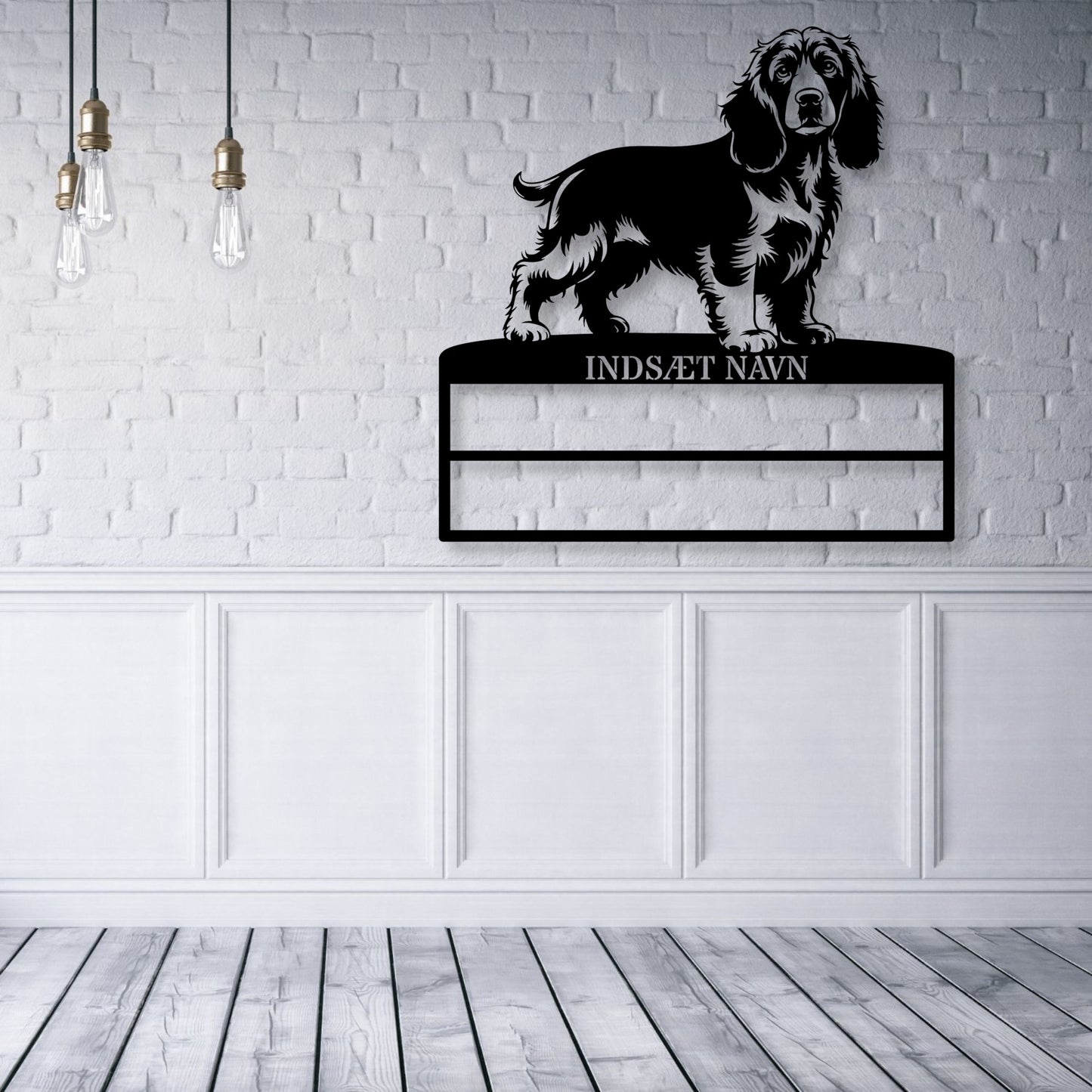 Stort laserskåret Cocker Spaniel metalskilt med personlig navn til rosetter. Unik Gaveide til hundeejeren.