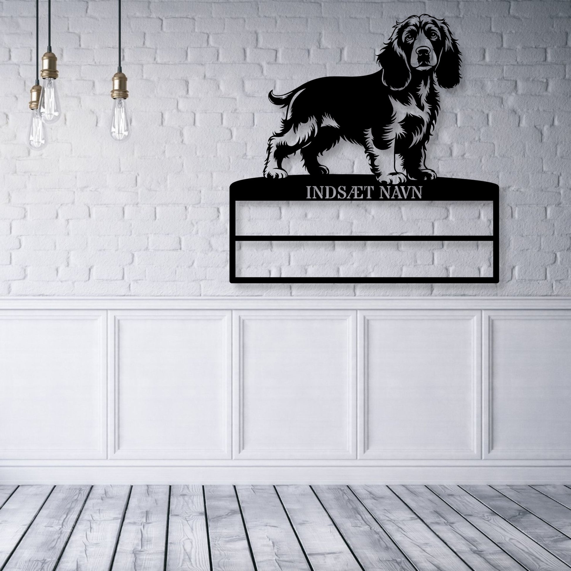 Stort laserskåret Cocker Spaniel metalskilt med personlig navn til rosetter. Unik Gaveide til hundeejeren.