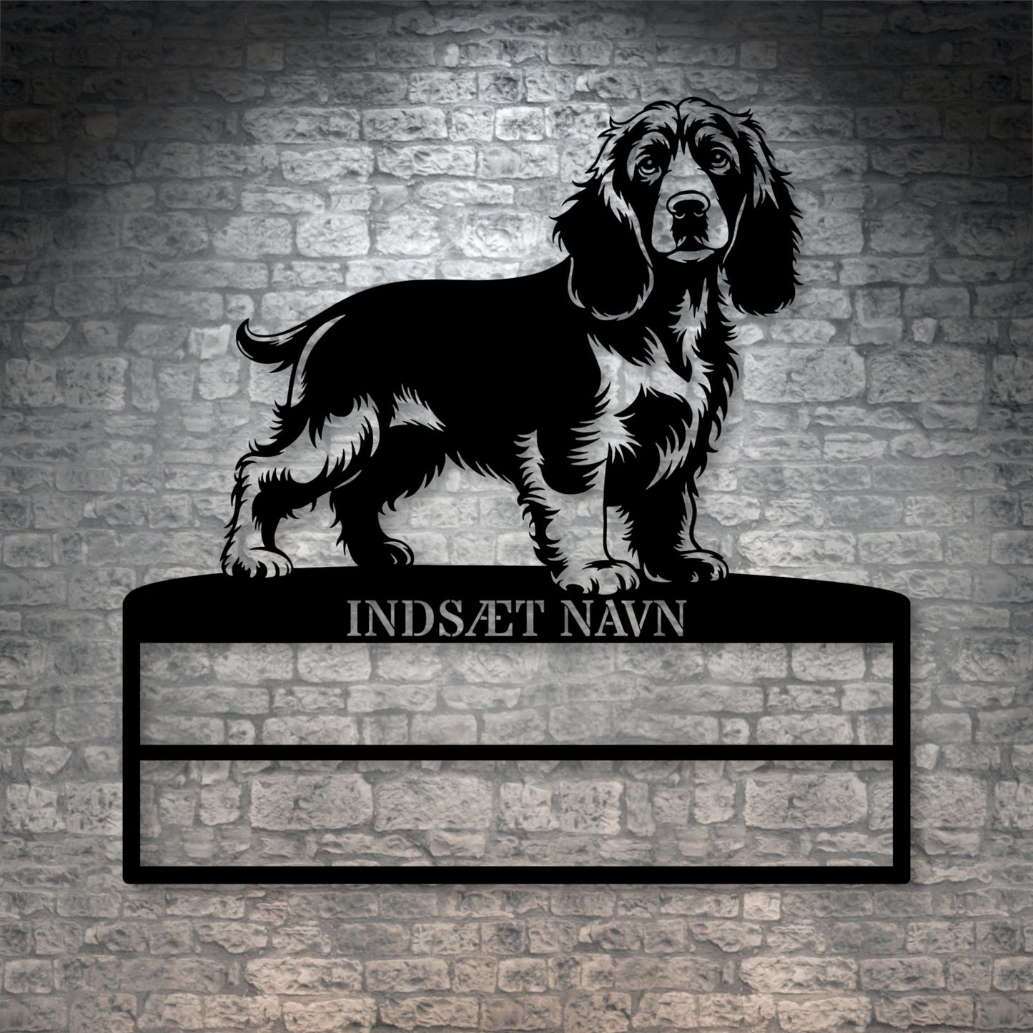 Stort laserskåret Cocker Spaniel metalskilt med personlig navn til rosetter. Unik Gaveide til hundeejeren