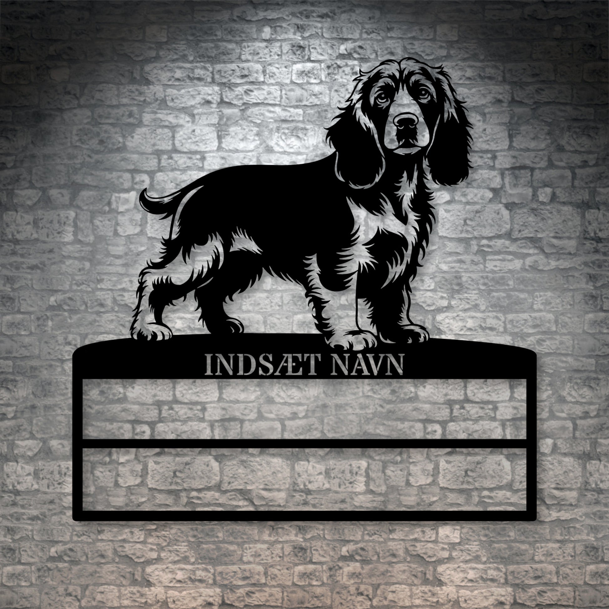 Stort laserskåret Cocker Spaniel metalskilt med personlig navn til rosetter. Unik Gaveide til hundeejeren