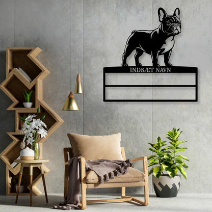 Stort laserskåret Fransk Bulldog metalskilt med personlig navn til rosetter. Unik Gaveide til hundeejer....