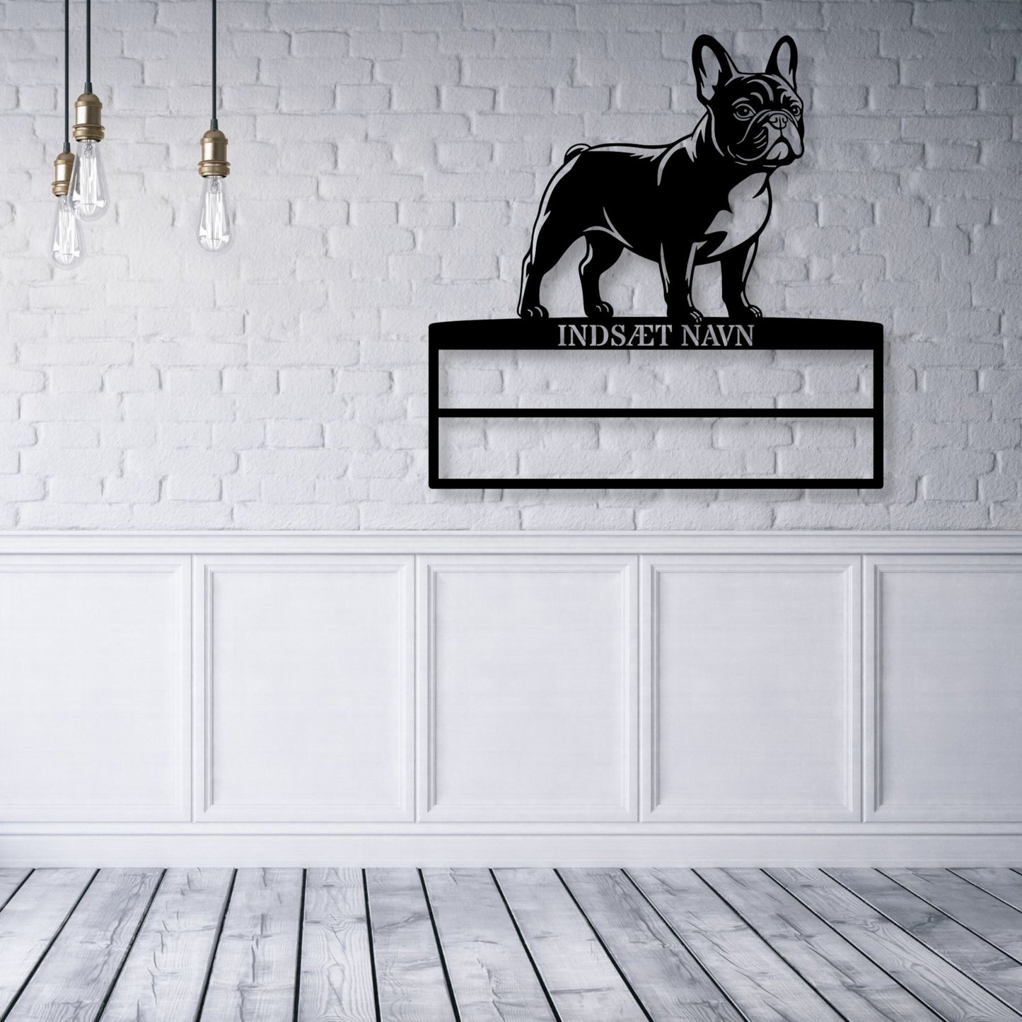 Stort laserskåret Fransk Bulldog metalskilt med personlig navn til rosetter. Unik Gaveide til hundeejer...