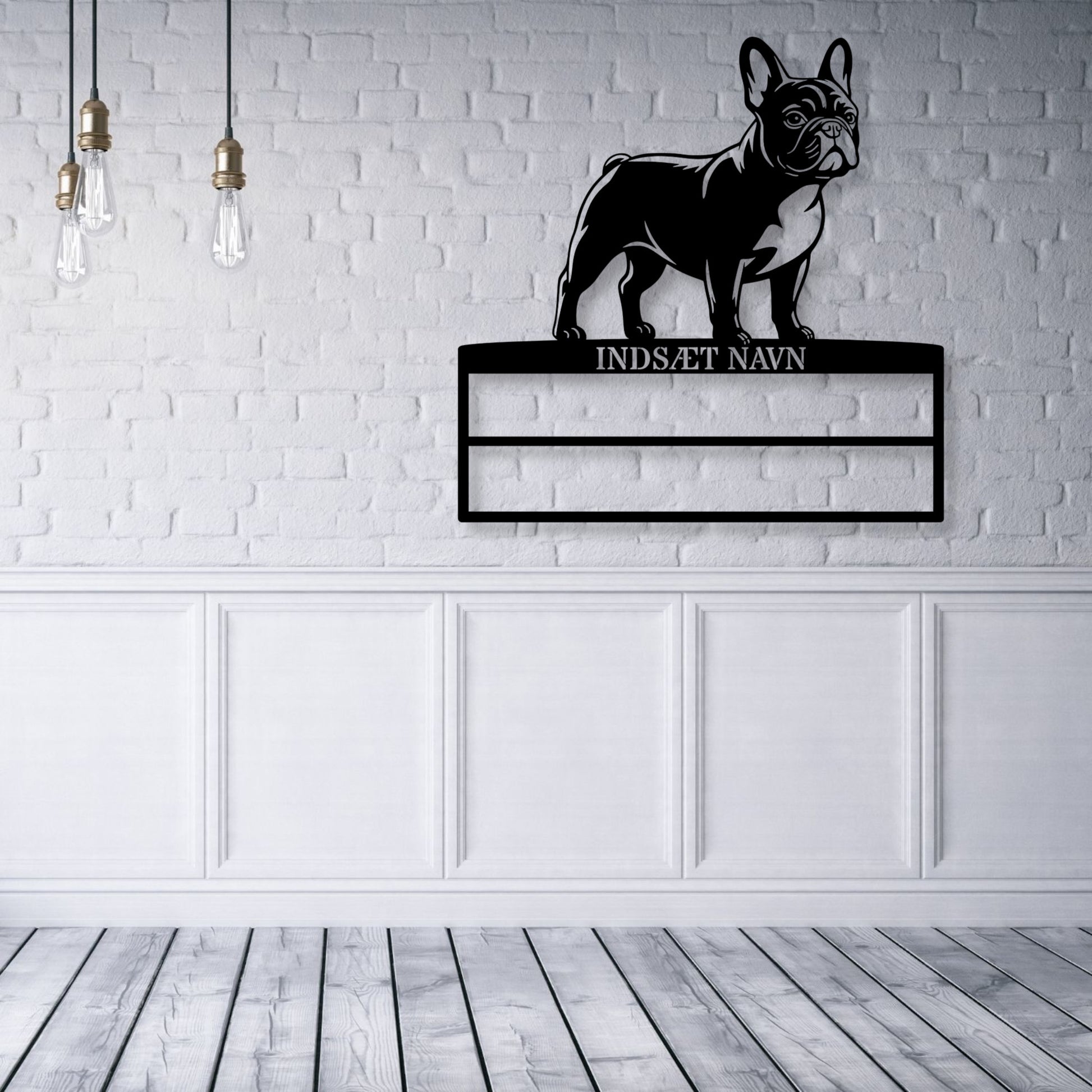 Stort laserskåret Fransk Bulldog metalskilt med personlig navn til rosetter. Unik Gaveide til hundeejer...
