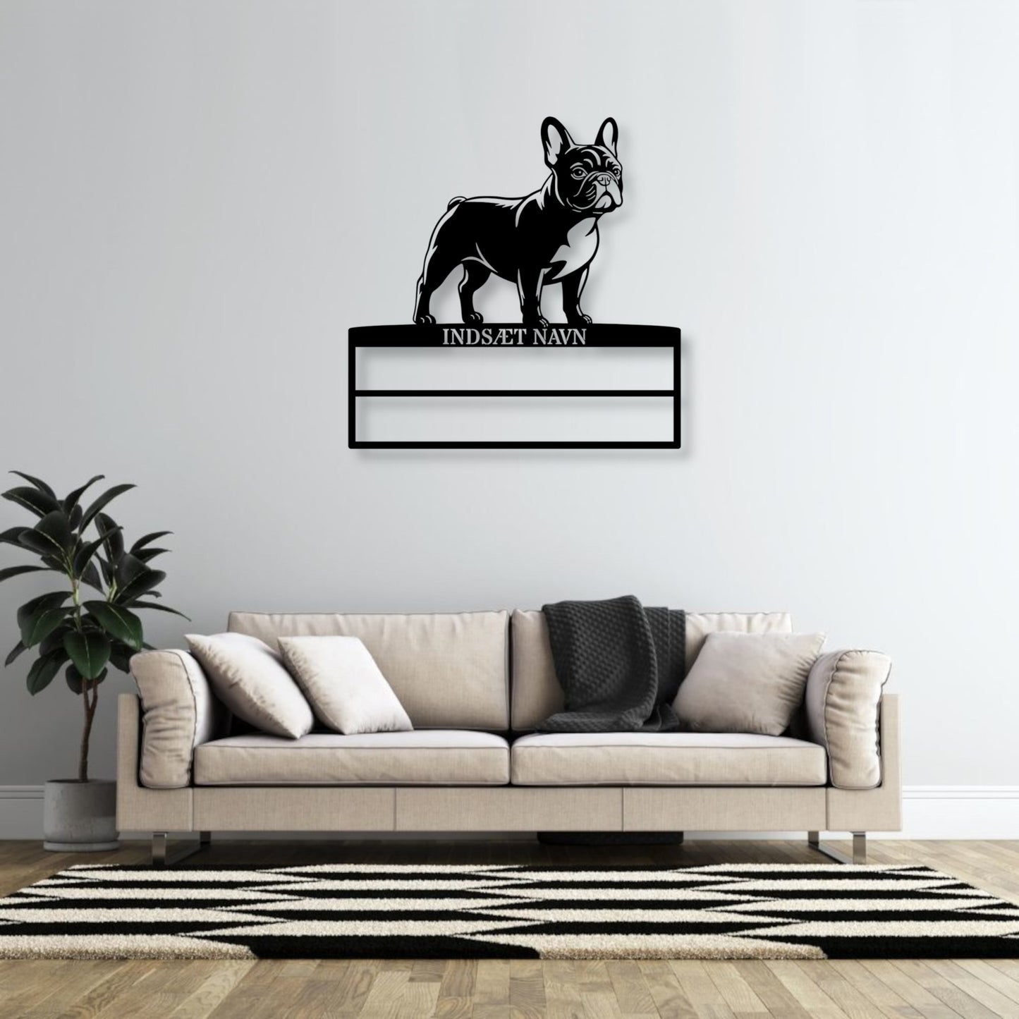 Stort laserskåret Fransk Bulldog metalskilt med personlig navn til rosetter. Unik Gaveide til hundeejer..