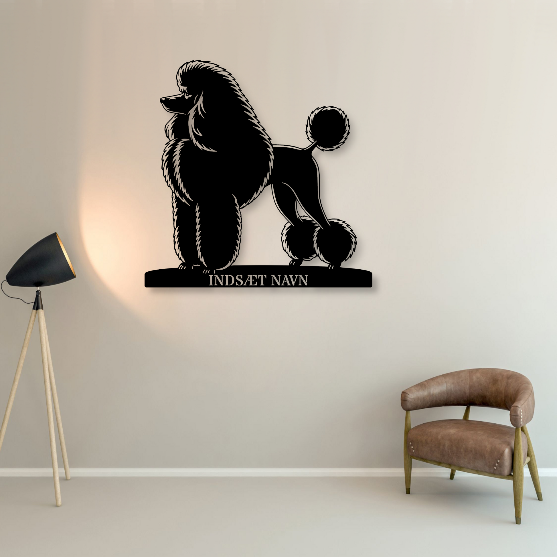 Stort puddelhund væg metalskilt med personlig navn. Unik Gaveide til hundeejeren...