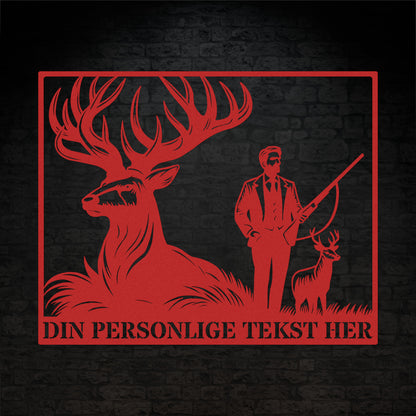 Stort rødt firkantet jagt metalskilt med personlig tekst. Perfekt gave til jægeren