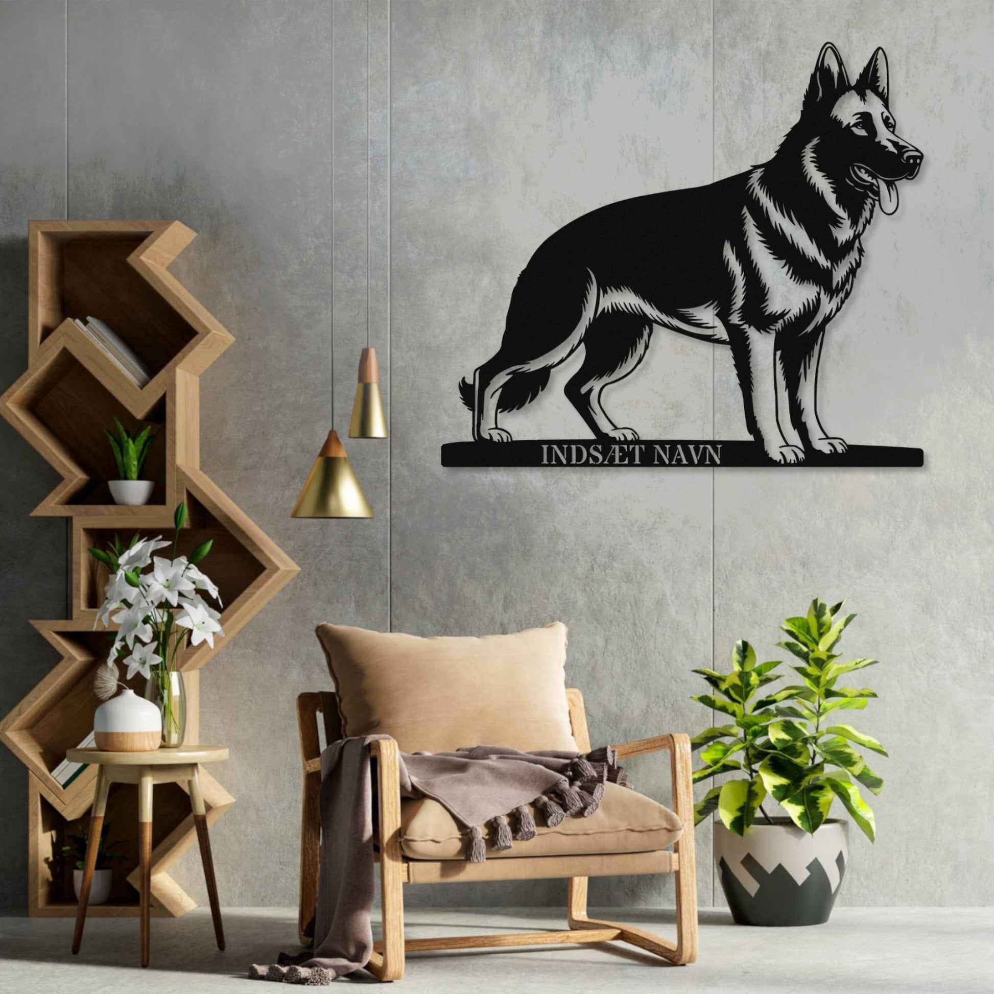 Stort schæferhund væg metalskilt med personlig tekst. Unik Gaveide til hundeejer......