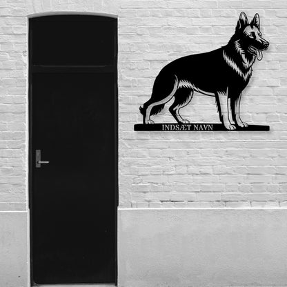Stort schæferhund væg metalskilt med personlig tekst. Unik Gaveide til hundeejeren.