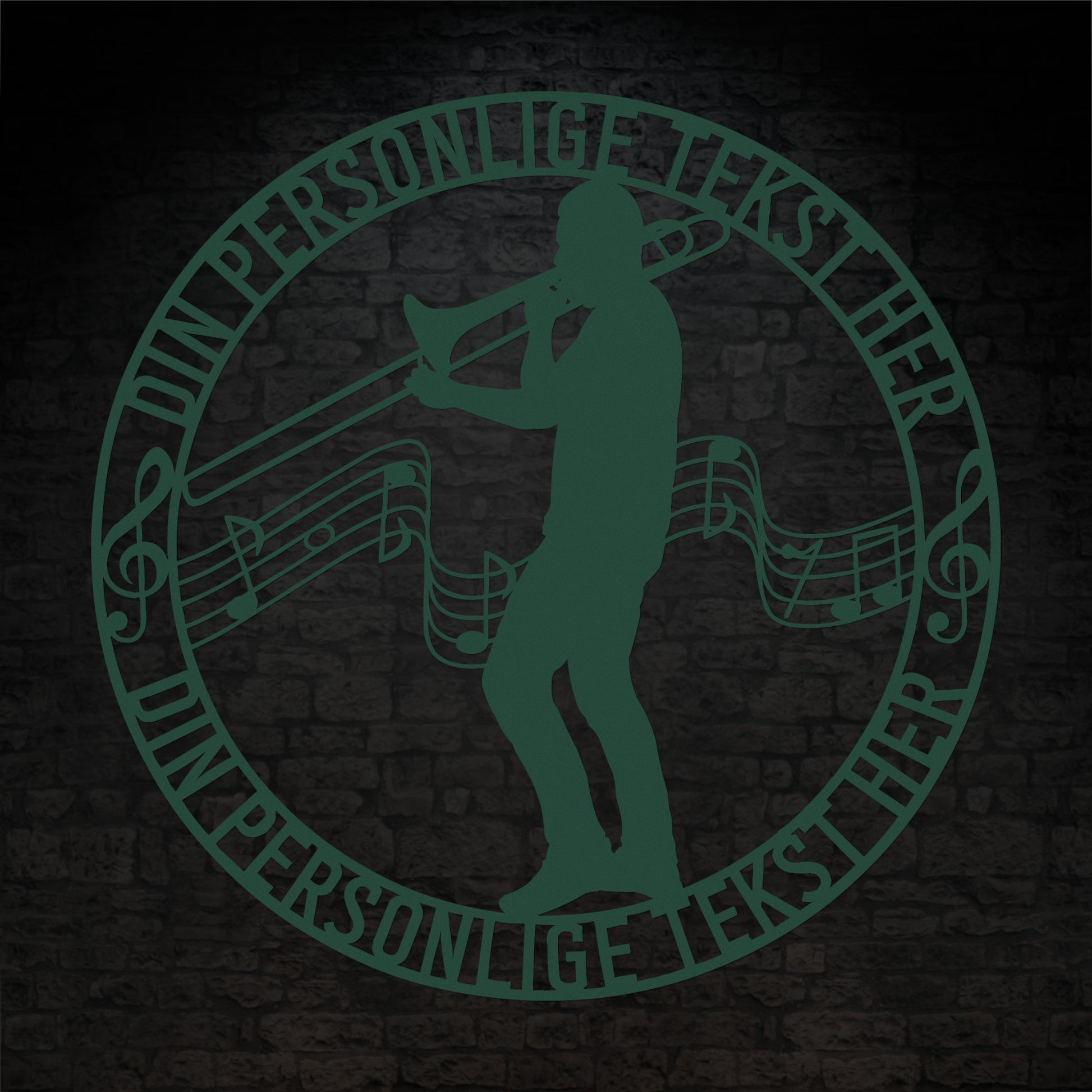 Unik mandlig trombonist metal vægskilt i grøn med personlig tekst. Unik musiker gaveidé