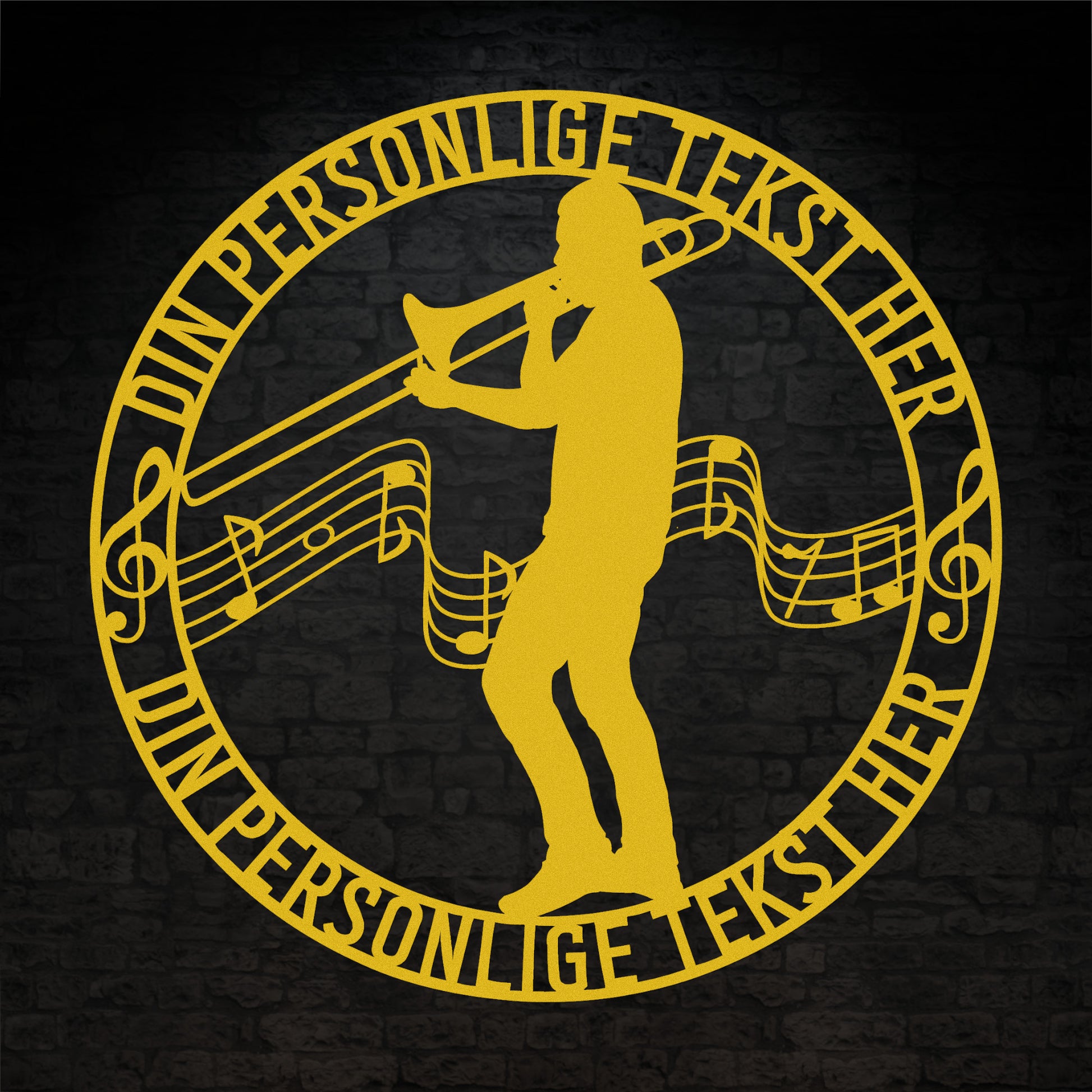 Unik mandlig trombonist metal vægskilt i gul med personlig tekst. Unik musiker gaveidé