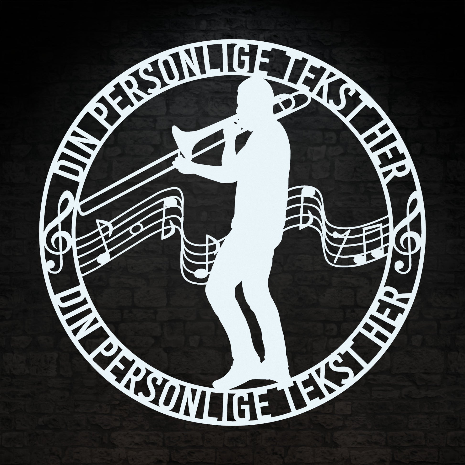 Unik mandlig trombonist metal vægskilt i hvid med personlig tekst. Unik musiker gaveidé