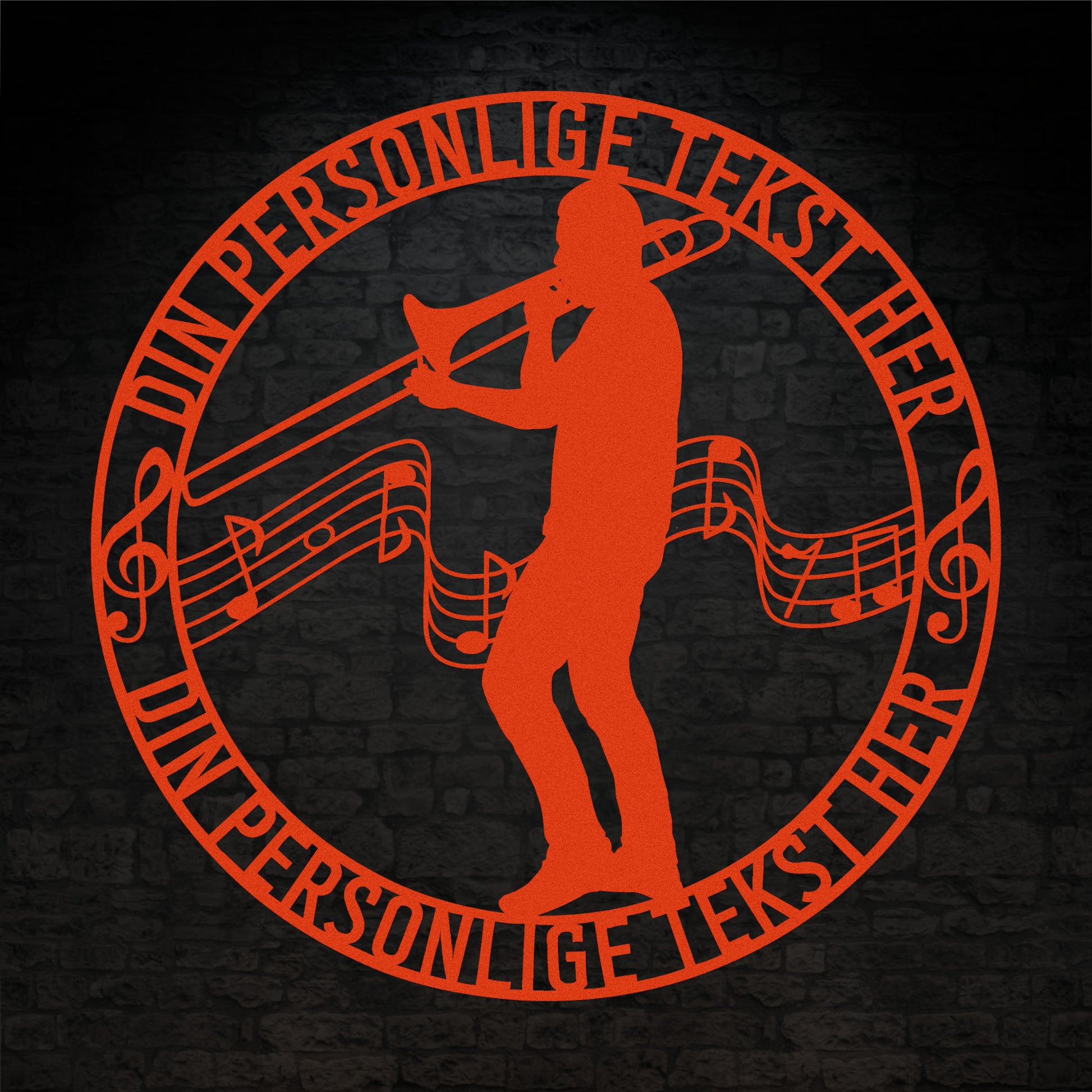 Unik mandlig trombonist metal vægskilt i orange med personlig tekst. Unik musiker gaveidé