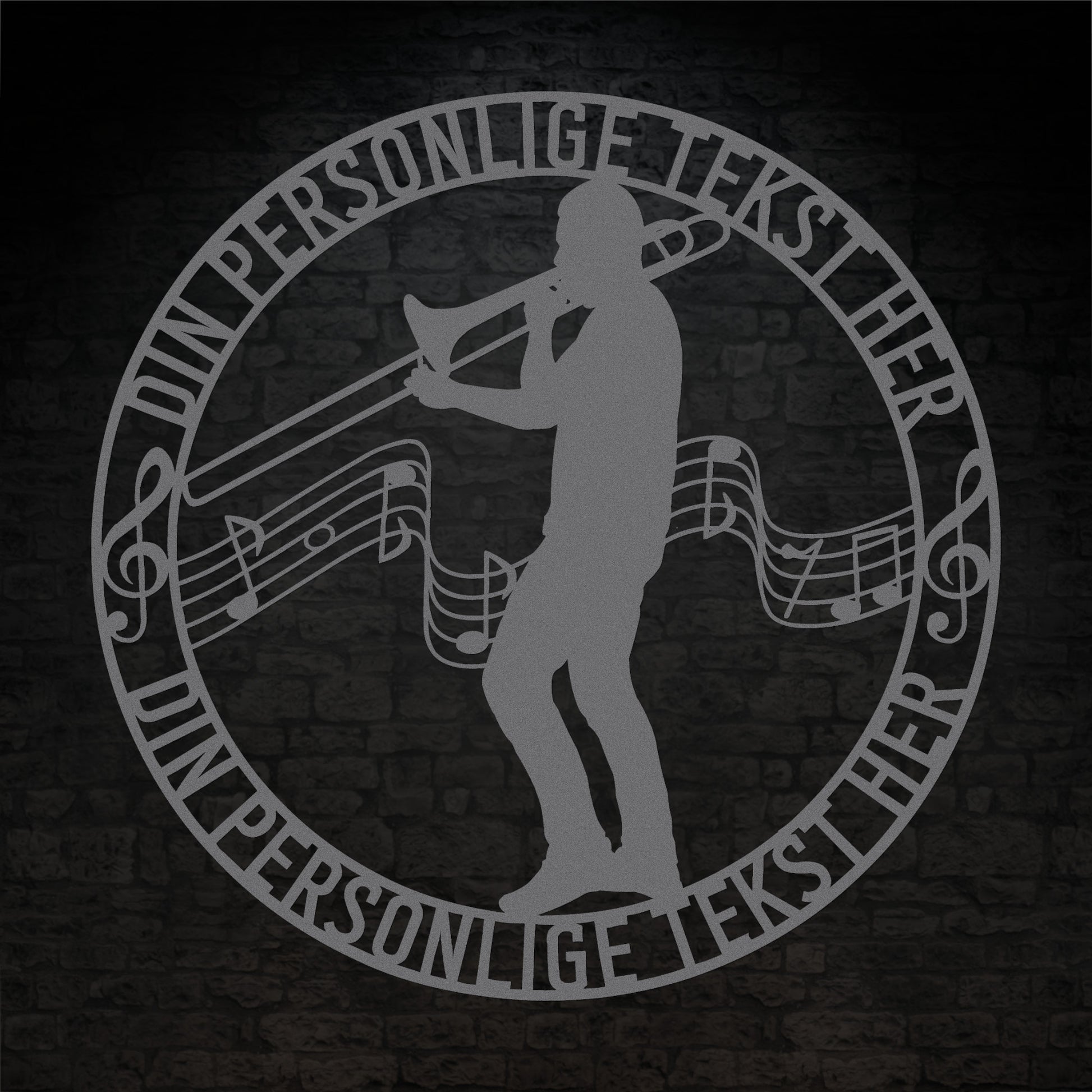 Unik mandlig trombonist metal vægskilt i sølv med personlig tekst. Unik musiker gaveidé