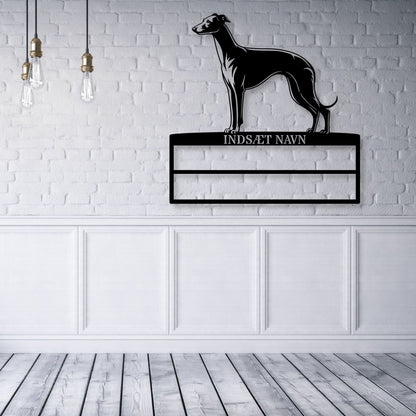 Whippet rosette display metalskilt med personlig navn. Unik Gaveide til hundeejeren.