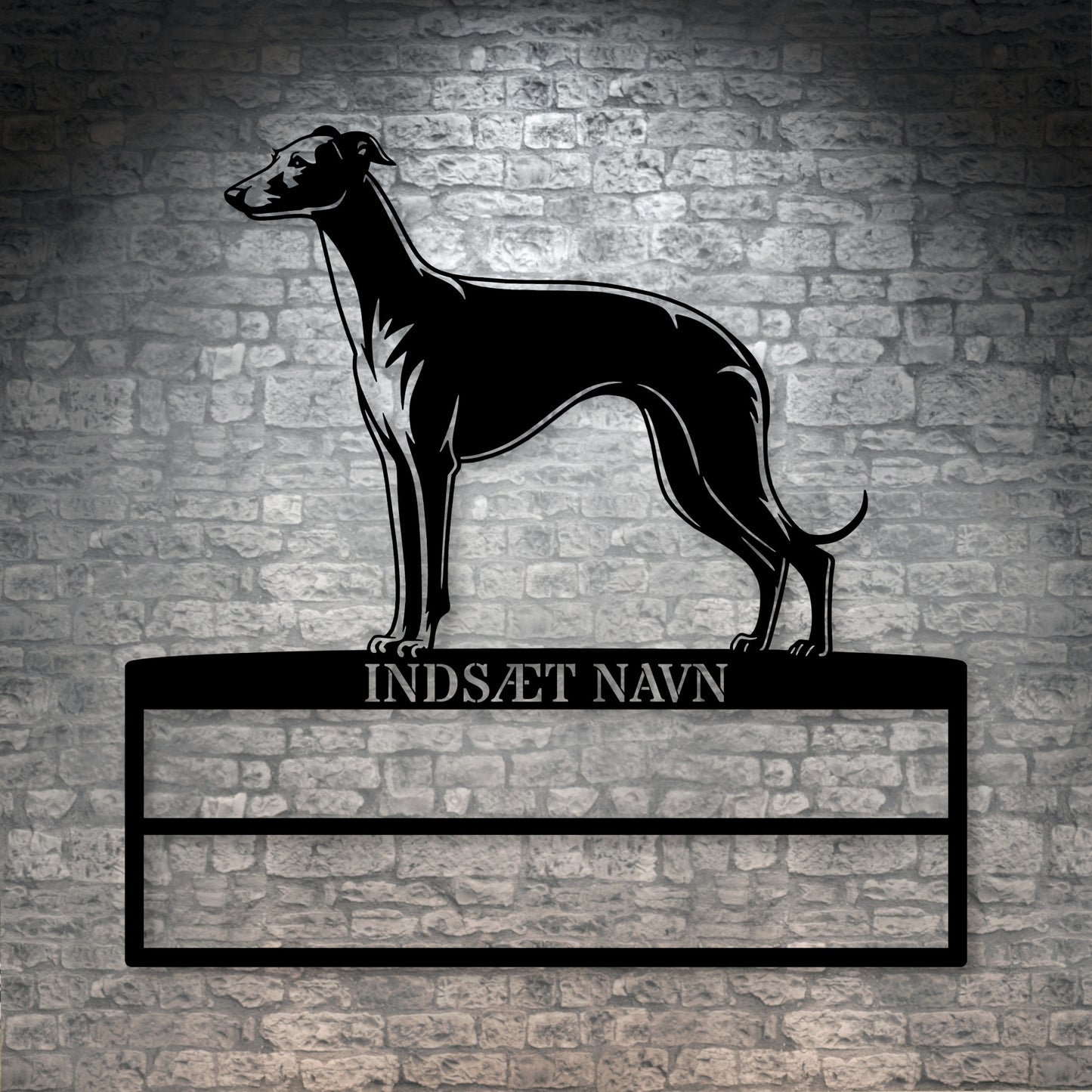 Whippet rosette display metalskilt med personlig navn. Unik Gaveide til hundeejeren