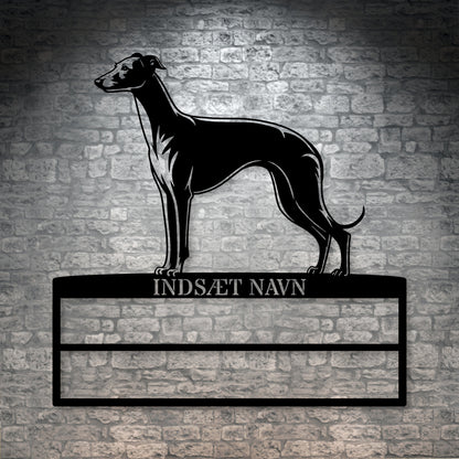 Whippet rosette display metalskilt med personlig navn. Unik Gaveide til hundeejeren