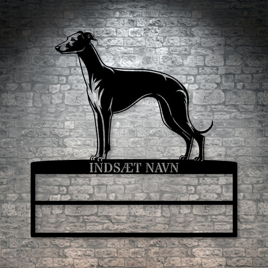 Whippet rosette display metalskilt med personlig navn. Unik Gaveide til hundeejeren