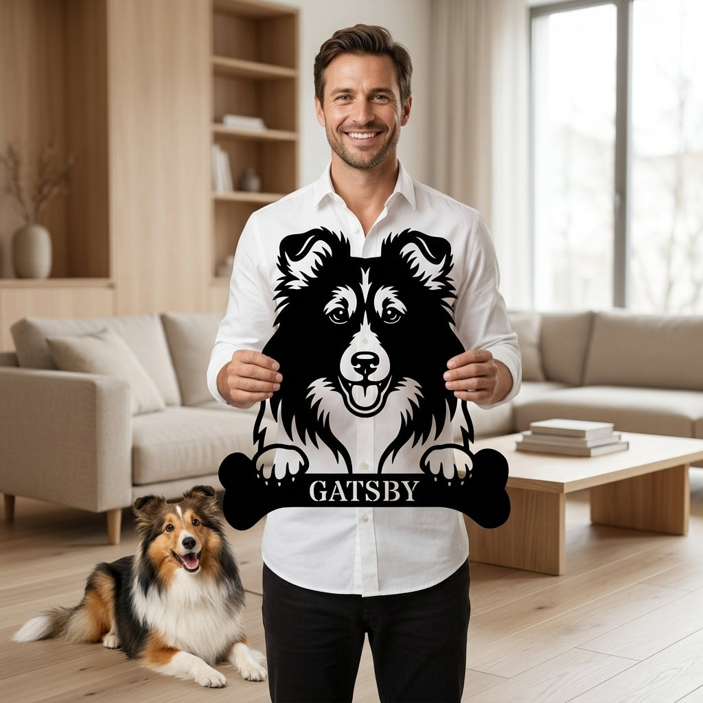Sjov shetland sheepdog navneskilt med personlig tekst. Unik metalskilt til hundeejeren