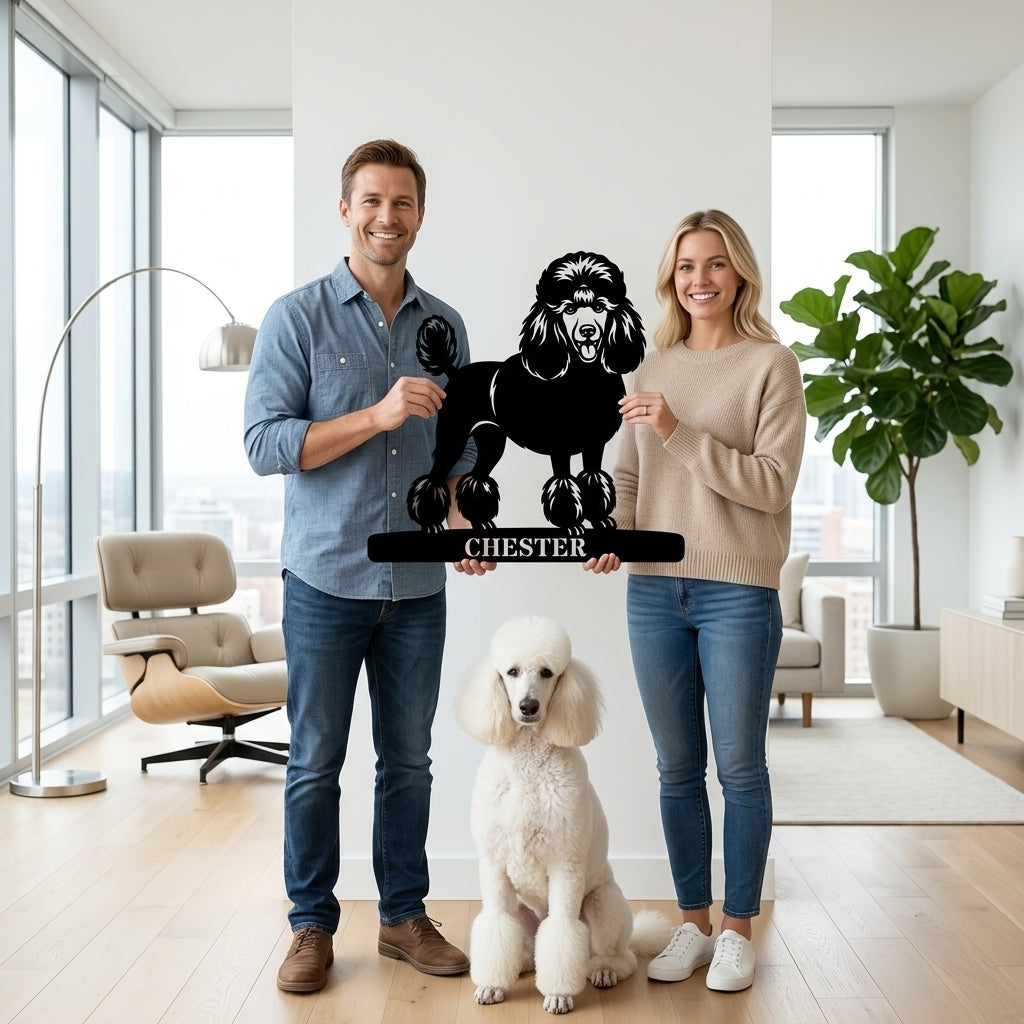 Unik puddelhund metalskilt med personlig navn
