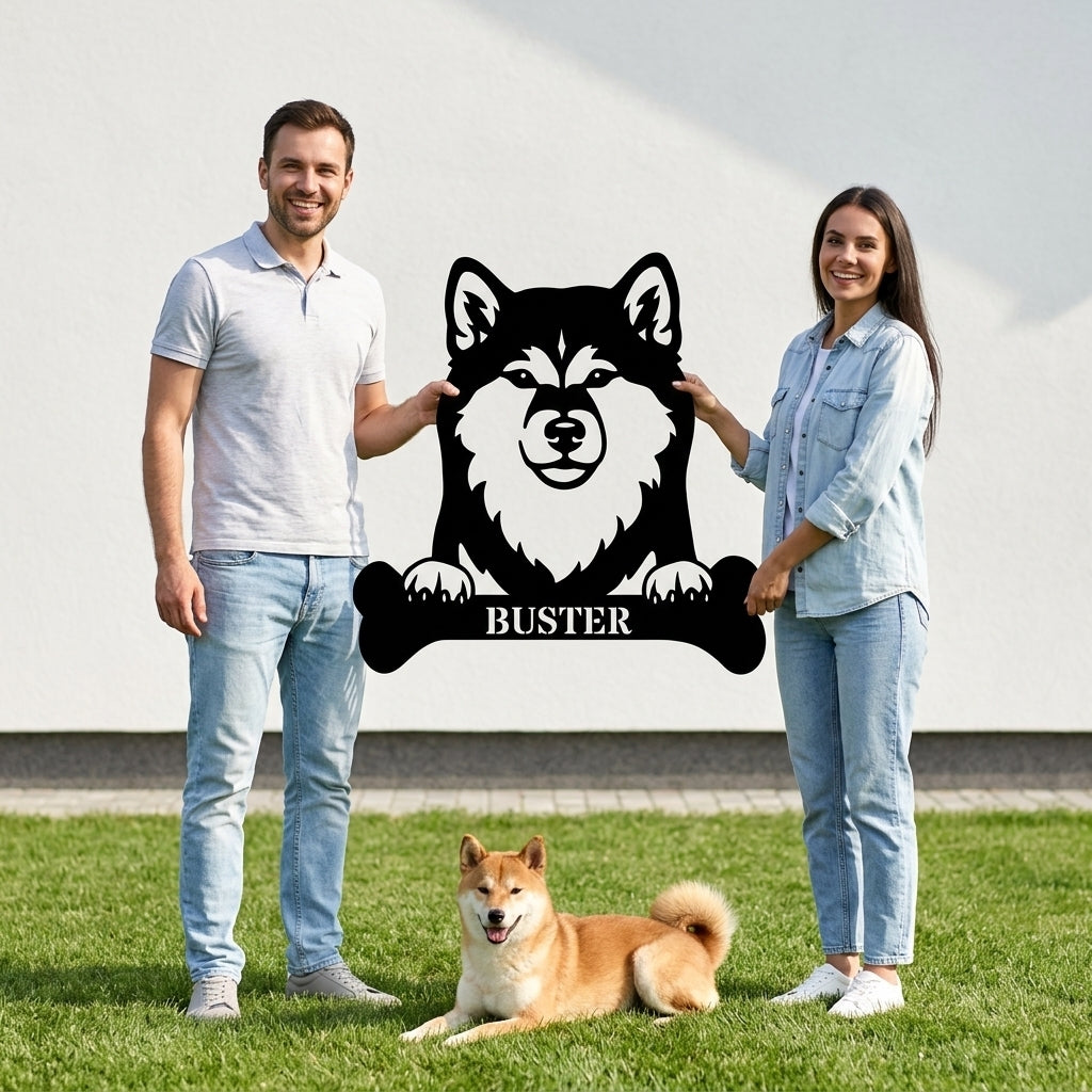 Sjov shiba inu navneskilt med personlig tekst. Unik metalskilt til hundeejeren