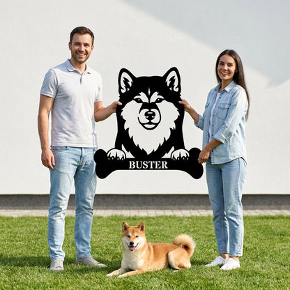Sjov shiba inu navneskilt med personlig tekst. Unik metalskilt til hundeejeren