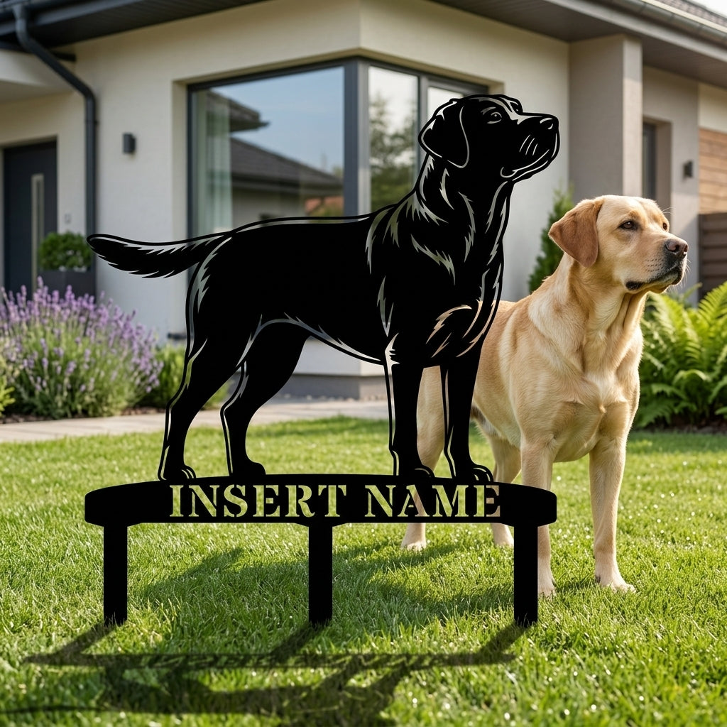 Personlig Labrador Retriever metalskilt til haven med hundenavn