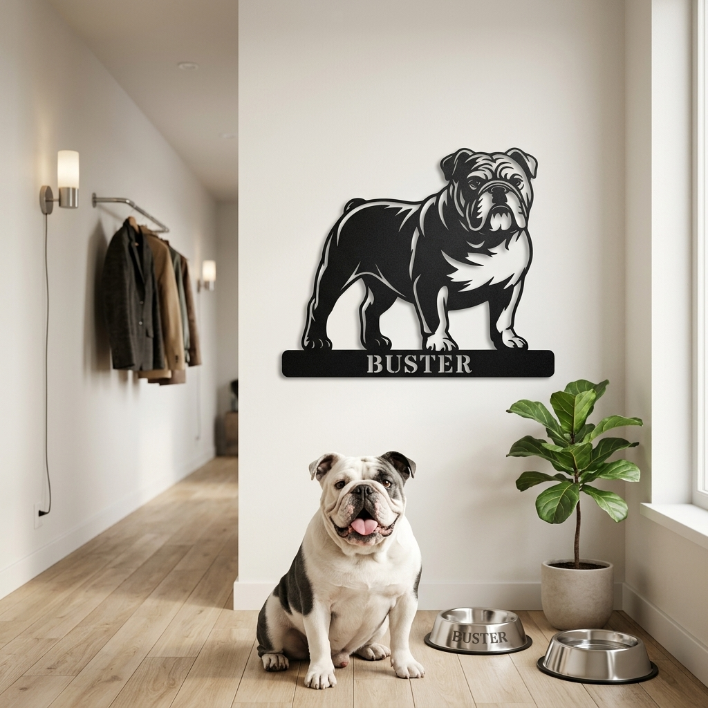 Engelsk Bulldog metalskilt med personlig tekst
