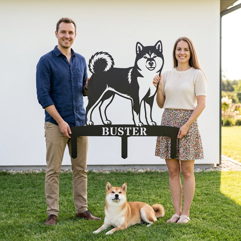 Personlig Shiba Inu metalskilt til haven med hundenavn