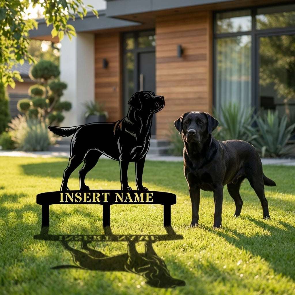 Personlig Labrador Retriever metalskilt til haven med hundenavn