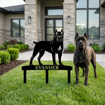 Personlig Cane Corso metalskilt til haven med hundenavn