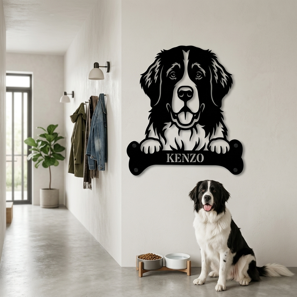 Sjov Landseer navneskilt med personlig tekst. Unik metalskilt til hundeejeren